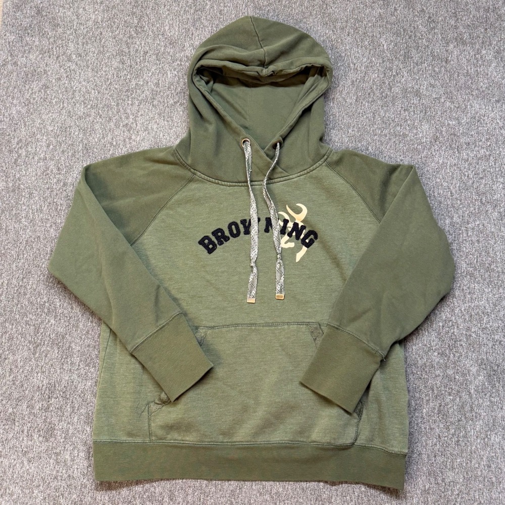 Browning Mens Olive Green Pullover Hoodie Buckmark Logo Raglan Sweatshirt 000